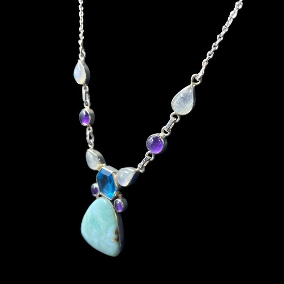 Larimar Glass Gemstone Necklace Boho Coastal Statement Festival Mermaidcore - Picture 6 of 7